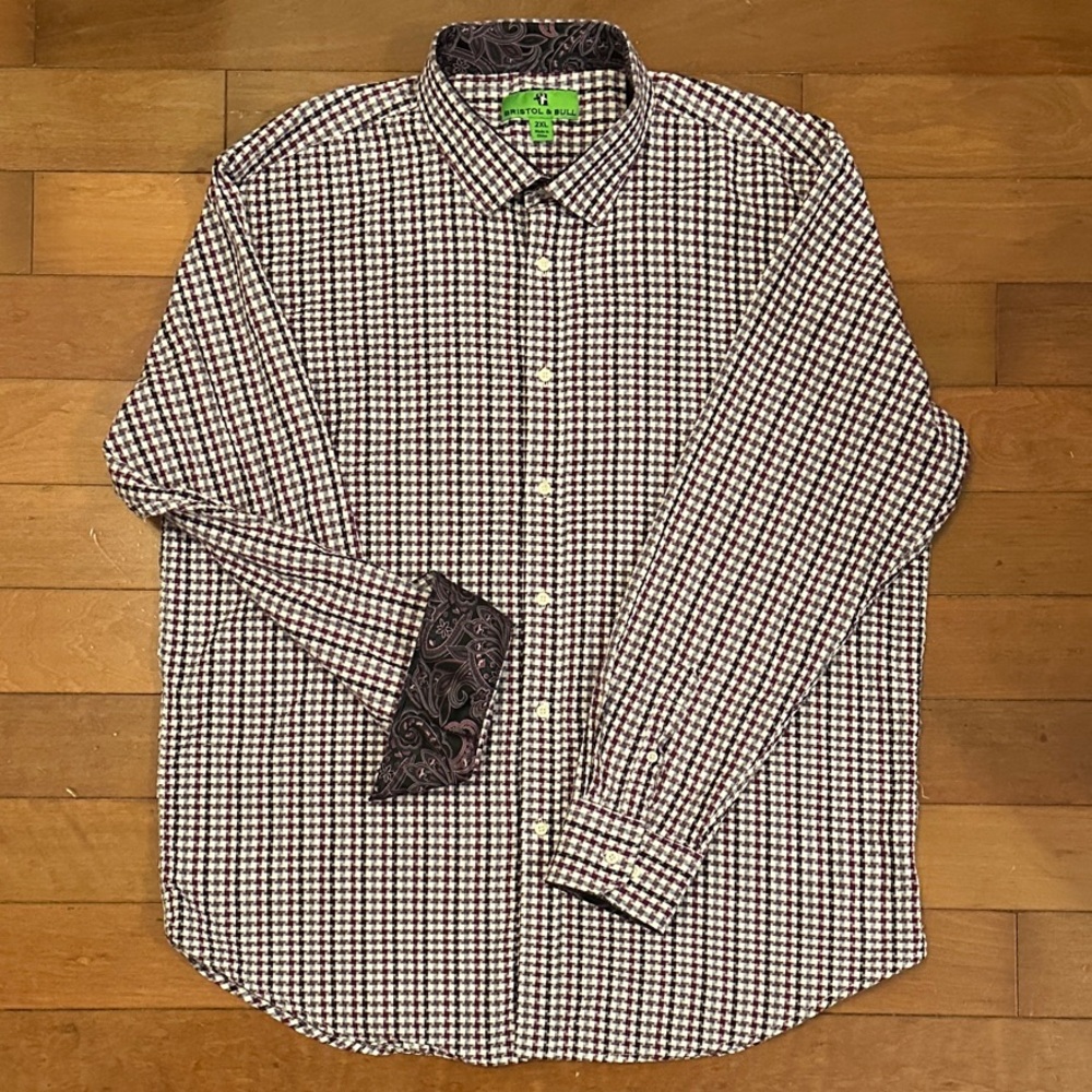 Bristol and Bull XXL purple black white plaid long sleeve button up paisley cuff